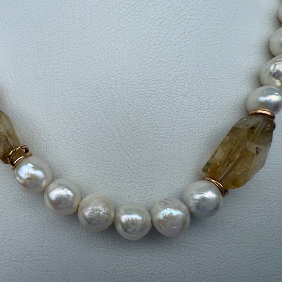 Citrine Pearl Necklace. Handmade  Baroque Freshwater Pearl Necklace. - Picture 5 of 8